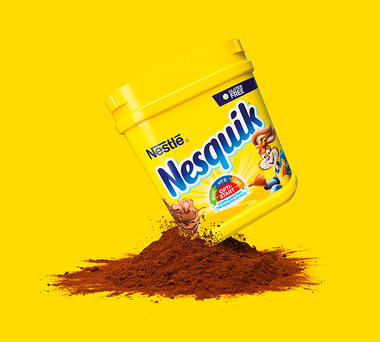 Nesquik速溶巧克力粉标志，Nesquik速溶巧克力粉LOGO，Nesquik速溶巧克力粉品牌形象设计，雀巢品牌设计，巧克力品牌设计